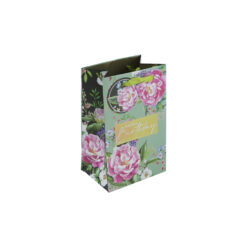 Small sized gift bag with a pale green background and pink flowers. A gold rectangle in the centre has the text 'Happy birthday'. The bag has green handles and a round floral gift tag attached.