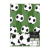 Green striped wrapping paper with a pattern of black and white footballs. Two sheets of paper comes with two football shaped gift tags.