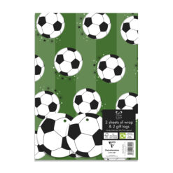 Green striped wrapping paper with a pattern of black and white footballs. Two sheets of paper comes with two football shaped gift tags.