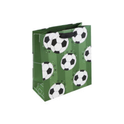 Green and white striped gift bag with black and white footballs. The sides of the bag have the outline of a football pitch. The bag has black handles and a football shaped gift tag.