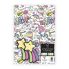 White birthday wrapping paper with colourful text and doodles including hot air balloons, rainbows, hearts and more. Text includes 'hip hip hooray', 'hello', 'happy birthday'. Pack includes two gift tags in the shape of shooting stars.
