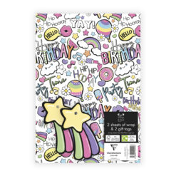 White birthday wrapping paper with colourful text and doodles including hot air balloons, rainbows, hearts and more. Text includes 'hip hip hooray', 'hello', 'happy birthday'. Pack includes two gift tags in the shape of shooting stars.