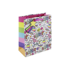 Birthday gift bag with colourful text and doodles including hot air balloons, rainbows, hearts and more. Text includes 'hip hip hooray', 'hello', 'happy birthday'. The bag has colourful stripes on the side, has pink handles and has a shooting star gift tag attached.