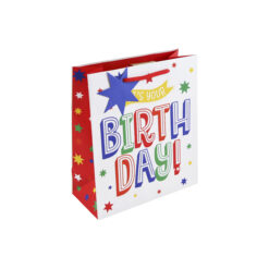 Birthday gift bag with large colourful text reading 'It's your Birthday!'. Decorated with colourful stars, the bag has red handles and a blue star shaped gift tag.