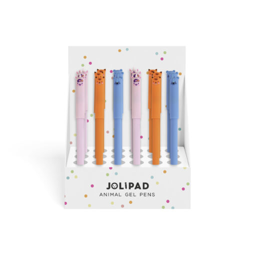 Box of Jolipad Animal Gel pins. The pens are pink, orange and blue pens with animal faces on the tops.