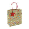 Kraft gift bag decorated with colourful stars. The bag has red handles and a red star gift tag. The bag also has a tag attached with the text '100% recyclable'.