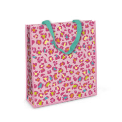 Small woven gift bag. The bag is pink with a leopard print pattern and blue handles.