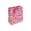 Pink gift bag with leopard print design. The bag has pink handles and a pink gift tag.