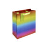 Gift bag with colourful rainbow metallic pattern. The bag has yellow handles and a gift tag attached.