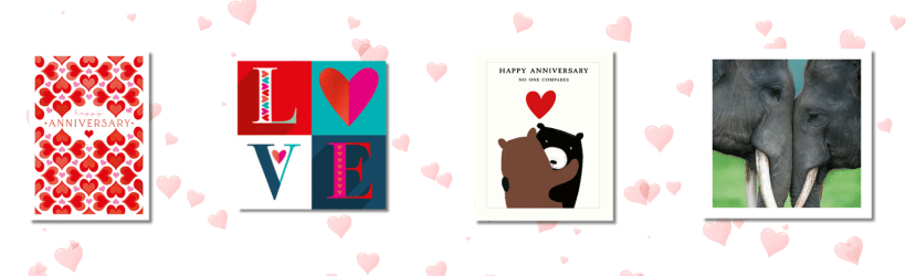 Four anniversary cards against a white background with pink hearts.