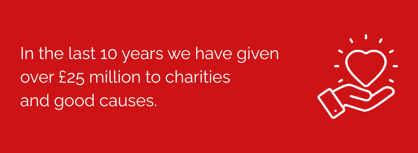 Text reads 'In the last 10 years we have given over £25m to charities and good causes'.