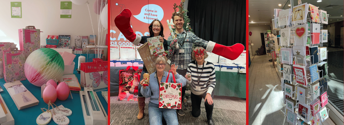 Three images in a row. First image shows decorations and gifts on display. Middle image shows Cards for Good Causes Volunteers wearing Christmas party wear and holding up gift bags. The third image features a card spinner in a shop.