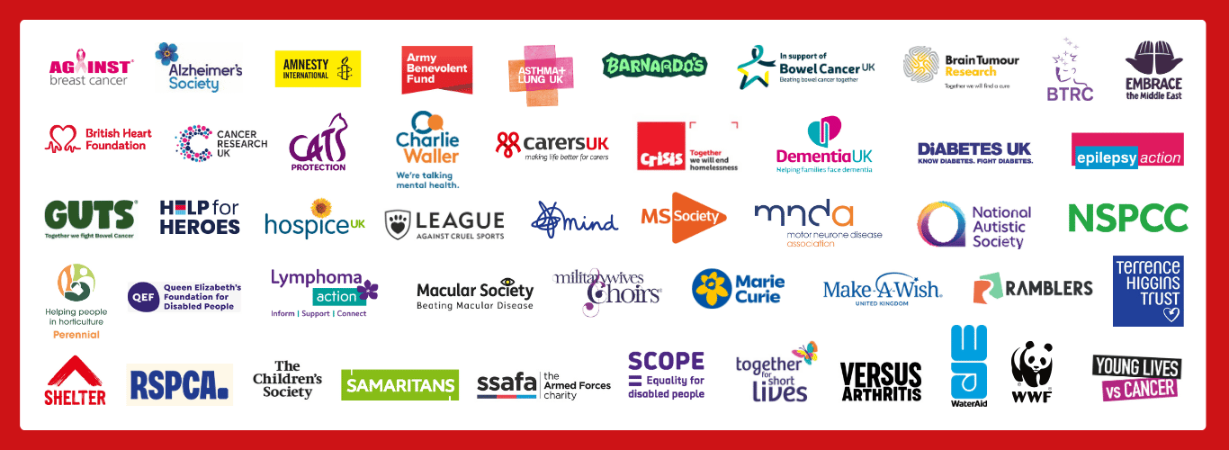 A large number of charity logos for those charities supported by Cards for Good Causes.