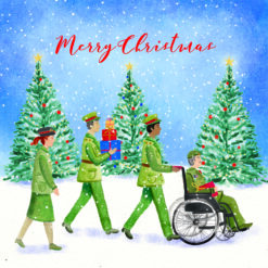 Christmas card with illustration of soldiers carrying presents in a snowy woodland scene