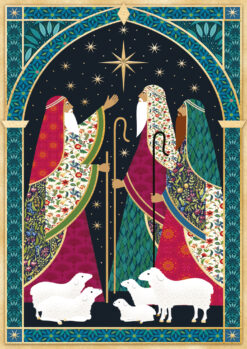 Christmas Card with three Shepherds and sheep looking up at the north star