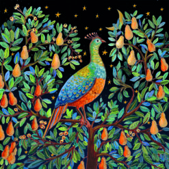 Christmas card with an image of a partridge in a pear tree at night