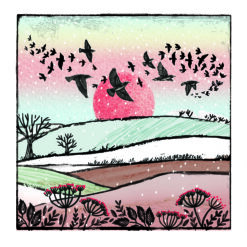 Christmas card with birds flying above a snowy hilly field with winter flowers