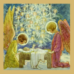 Christmas card with the baby Jesus in a crib flanked by two angels