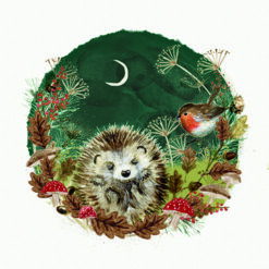 Christmas card with an image of a hedgehog and a robin in a winter woodland scene at night.