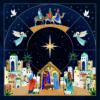 Christmas card depicting a nativity scene in front of a town at night