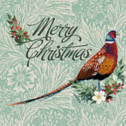 Christmas card with an illustration of a pheasant on some festive foliage