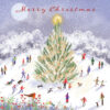 Christmas card with people playing in the snow around a large twinkling Christmas tree