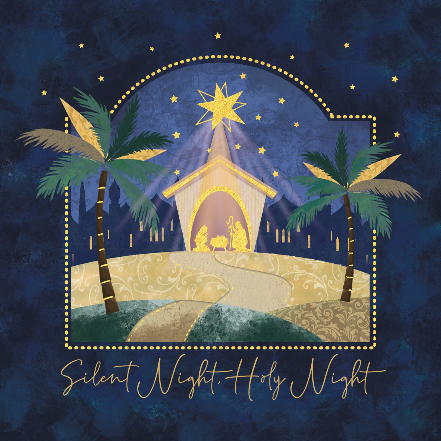 Christmas card with a gold silhouetted nativity scene