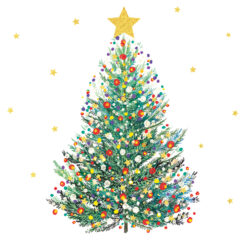 Christmas card with an image of a decorated Christmas tree and big gold star on top
