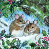 Christmas card with an image of two mice hiding in a winter holly bush