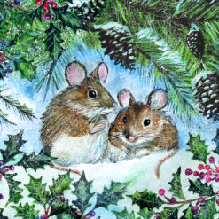 Christmas card with an image of two mice hiding in a winter holly bush