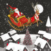 Christmas card with an image of Santa flying his sleigh over a snowy rooftop town scene