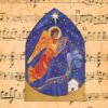 Christmas card with a background of musical notes and an image of an angel playing a harp