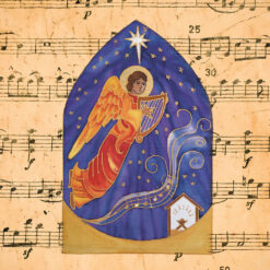 Christmas card with a background of musical notes and an image of an angel playing a harp