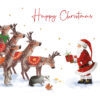 Christmas card with an image of Father Christmas giving a present to his reindeers