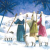 Christmas card with an image of three shepherds and three sheep looking at Bethlehem from afar