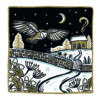 Christmas card with an image of an owl flying over a winter country scene