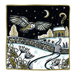 Christmas card with an image of an owl flying over a winter country scene