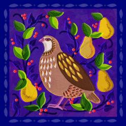 Christmas card with an image of a partridge amongst pears and berries with a purple background