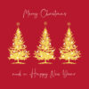 Christmas card with three gold Christmas trees on a red background