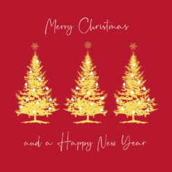 Christmas card with three gold Christmas trees on a red background