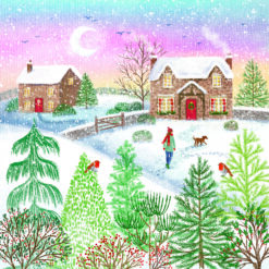 Christmas card featuring a snowy countryside scene with a dog playing in the snow outside a country cottage.