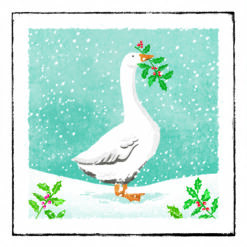Christmas card with an image of a goose with holly in its beak standing in a snow falling scene