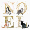 Christmas card with an image of four cats amongst the letters NOEL