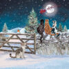 Christmas card with an image of four cats looking up Father Christmas flying overhead in the snowy night sky