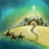 Christmas card with an image of the three wise men on camels traveling towards Bethlehem