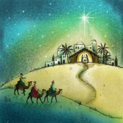 Christmas card with an image of the three wise men on camels traveling towards Bethlehem