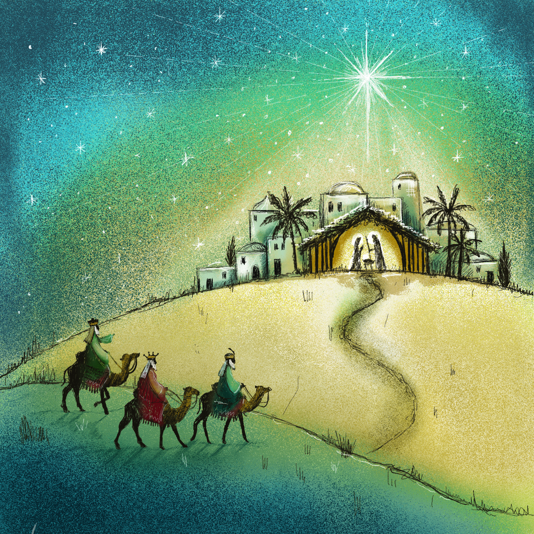 Christmas card with an image of the three wise men on camels traveling towards Bethlehem