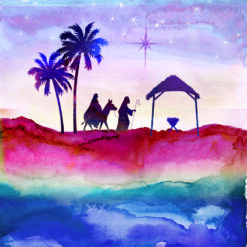 Christmas card with a watercolour image of a silhouette of Mary and Joseph travelling towards the manger