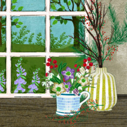 Christmas card with an image of a bunch of flowers in a jug on a window sill