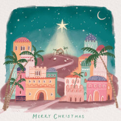Christmas card with an image of a colourful Bethlehem with the manger in the far background underneath a big bright star